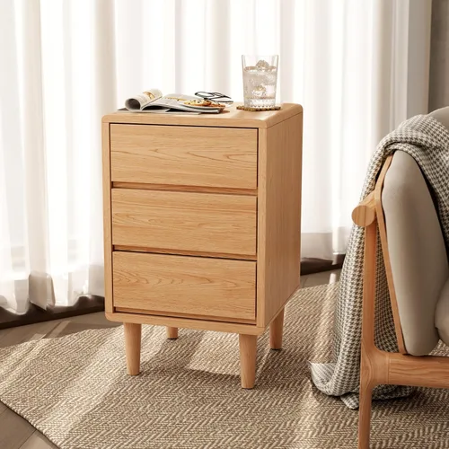 Vista 6 de Mesita de noche alta natural con 3 cajones, mesita de noche moderna de mediados de siglo con almacenamiento, mesita de noche de madera maciza