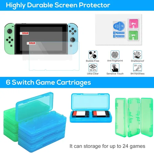 Vista 5 de Paquete de accesorios de interruptor para Animal Crossing - Kit de accesorios 26 en 1 con funda de transporte, protector de pantalla, empuñaduras