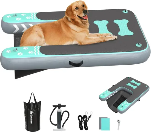 Vista 12 de Rampa inflable para perros de hasta 240 libras, plataforma flotante con espuma EVA antideslizante, segura y fácil acceso al agua, rampa para perros