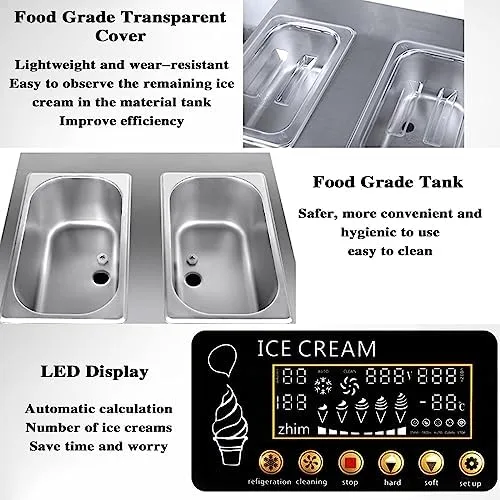 Vista 6 de Commercial Ice Cream Maker, 1200W High Power with Led Display, 18L/H Output, Auto Clean Function, Stainless Steel for Professional Use