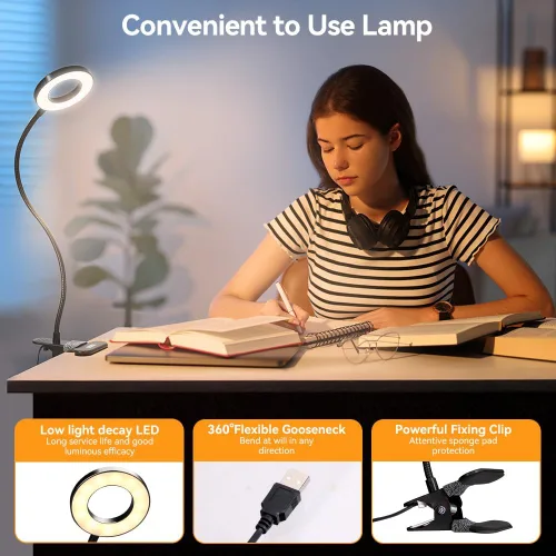 Vista 3 de Skymore Luz de escritorio con clip, [3 modos de color y 10 brillo] Luz de lectura LED con abrazadera, luz de libro de cuello de cisne flexible
