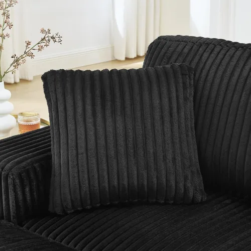 Vista 7 de Sofá cama modular en forma de L con almohadas, sofá modular convertible de pana con reposapiés curvado móvil, color negro