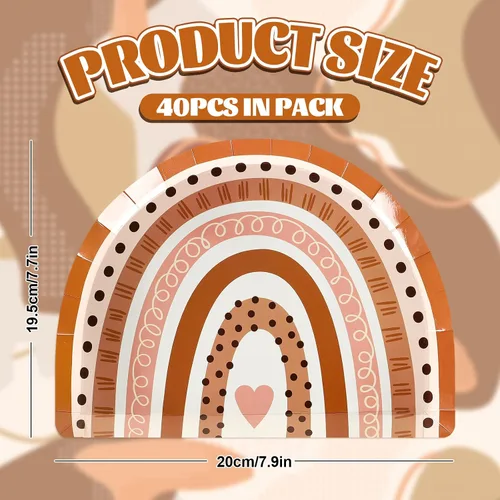 Vista 2 de AnyDesign Platos de papel boho arco iris, platos de postre desechables retro hippie para suministros de fiesta de cumpleaños, decoración de mesa