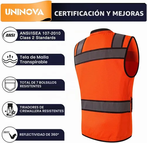 Vista 2 de Chaleco de seguridad reflectante para agrimensores para hombres, chaleco de seguridad de malla reflectante de clase 2 con bolsillos y cremallera