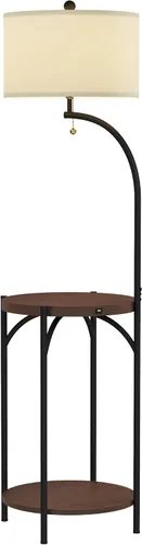 Vista 7 de Lámpara de pie con mesa auxiliar, estantes laterales rústicos modernos con puerto de carga USB, bombilla LED y pantalla en forma de tambor, luces