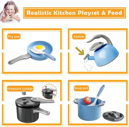 Vista 5 de Bruvoalon Juego de 32 juguetes de cocina para niños, accesorios de cocina con ollas, sartenes, utensilios de cocina, alimentos, verduras enlatadas