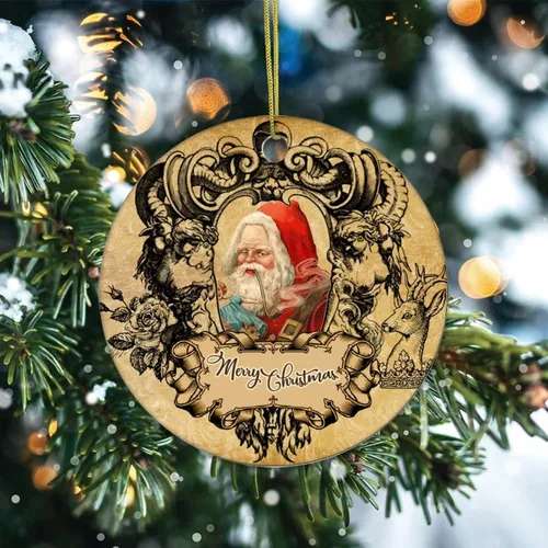 Vista 2 de Adorno de Navidad de cerámica retro impreso de dos caras para familiares, amigos, niños, colgantes de recuerdo de Navidad de Papá Noel