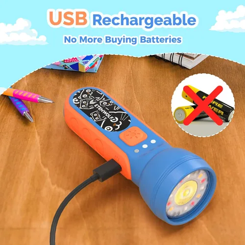 Vista 6 de ETENWOLF L1 Linterna recargable para niños, linterna LED con divertidas pegatinas DIY, 6 modos de luz, brillo ajustable, batería de 1500mAh