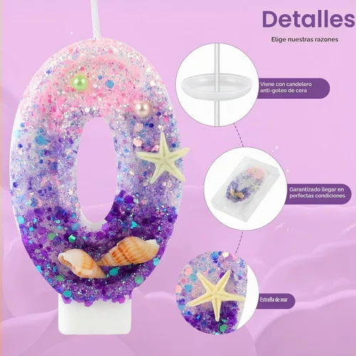 Vista 3 de Velas de cumpleaños, velas rosas y moradas del número 0 decoradas con caracolas, estrellas de mar y perlas para fiesta temática de sirena Morado