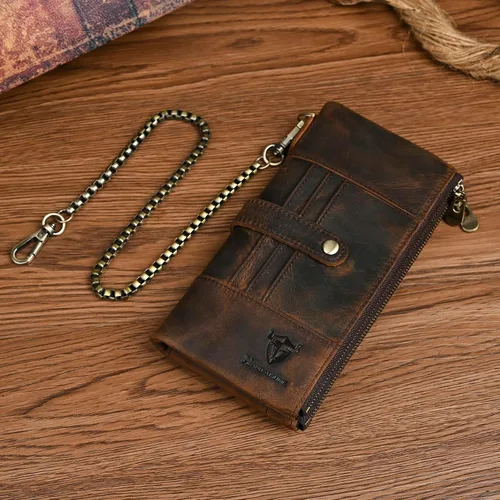 Vista 10 de Genuino Caballo Loco Cuero Regalo de Viaje Moneda Bolsillo Tarjetero Organizador Largo Cadena Rfid Cartera Monedero Con Broche Para Hombres Hombres