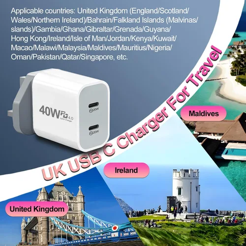 Vista 3 de Adaptador de Reino Unido para viajes, 40 W PD4.0 Reino Unido USB C cargador Irlanda Reino Unido adaptador USB C cargador bloque internacional