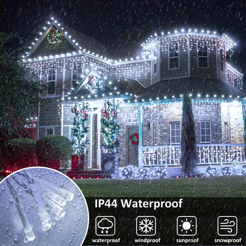 Vista 3 de Luces de carámbano para exteriores, 16.5 pies, 200 luces LED de Navidad para exteriores con 8 modos, impermeables, conectables, tira de luces