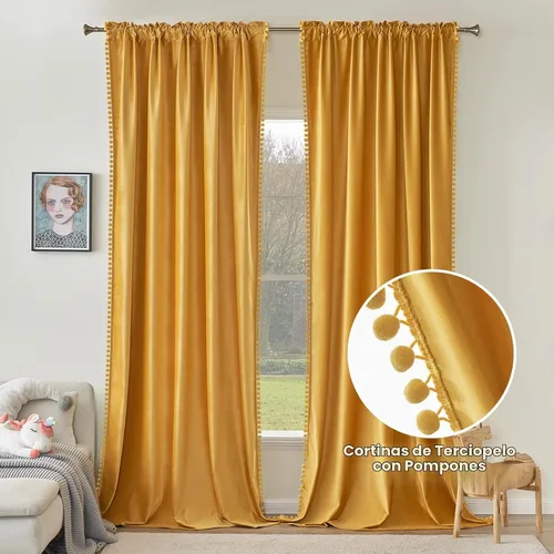 Vista 2 de MIULEE - Cortinas de terciopelo con pompones amarillo mostaza para habitación/sala de estar, cortinas opacas para otoño, aislantes térmicos, de 84