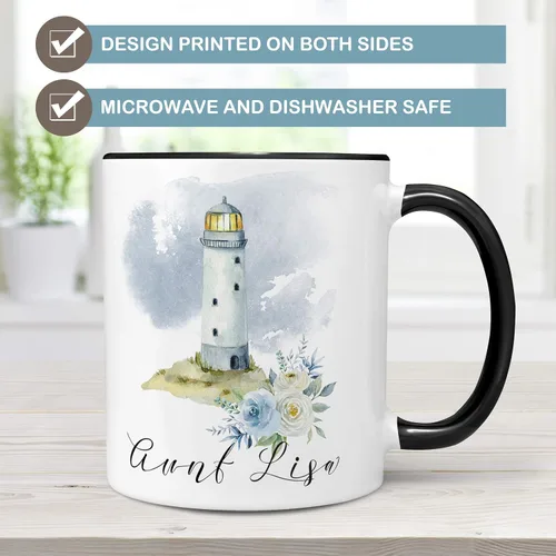 Vista 3 de Taza de cerámica personalizada con faro floral azul