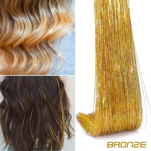 Vista 2 de Extensiones de oropel para el cabello con clip Bronce con reflejos para el cabello 52 cm 6 piezas, cabello de hada multicolor, oropel sintético