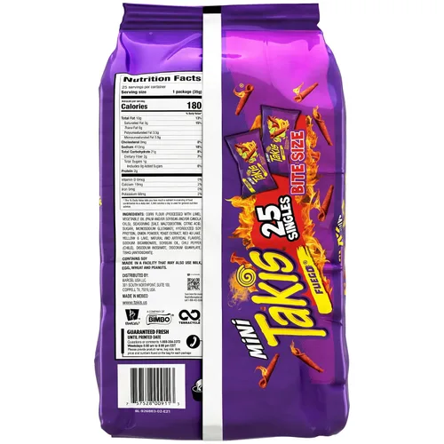 Vista 2 de Takis Fuego Mini 25 piezas / 1.23 oz Paquete múltiple de tamaño bocado, nachos de tortilla enrollada extremadamente picante con sabor a pimiento