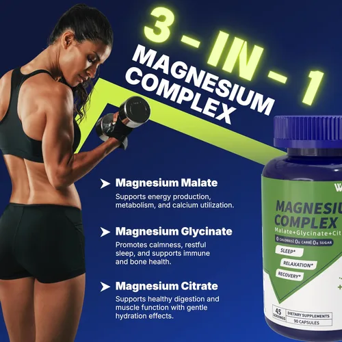 Vista 2 de Complejo triple de magnesio – 300 mg de magnesio de malato, glicinato y citrato – Apoya el alivio del estrés y el sueño, nervios y metabolismo