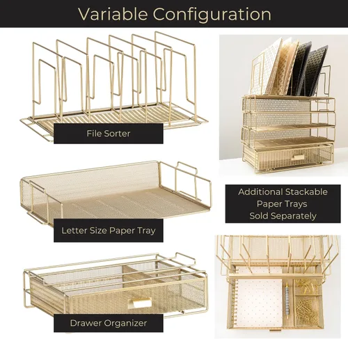 Vista 2 de BLU MONACO Juego de organizador de escritorio dorado con organizador de archivos desmontable, bandeja de papel apilable y cajón de almacenamiento