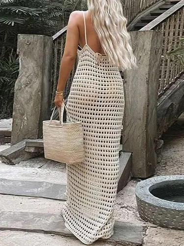 Vista 5 de Vestido largo de punto para mujer, de manga larga, con huecos, transparente, de ganchillo, vestidos largos de playa