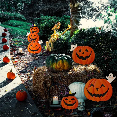 Vista 8 de Estacas de jardín de Halloween de 39.8 pulgadas, calabazas de metal apiladas, decoración de césped con sombrero de bruja, letreros de metal