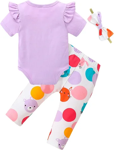Vista 2 de Fullfamous Conjunto de mameluco y pantalón de manga larga con volantes de 3 piezas para bebé niña
