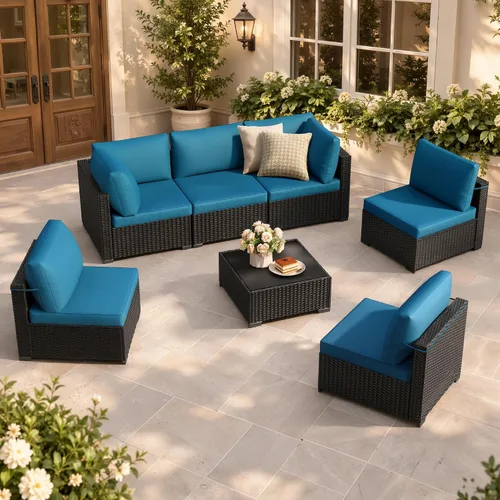 Vista 3 de Juego de 7 muebles de patio al aire libre, sofá seccional al aire libre, muebles de mimbre para patio, juego de conversación de patio con mesa