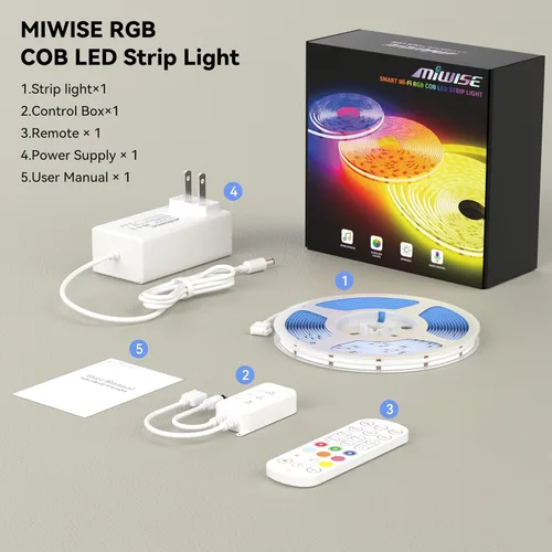 Vista 8 de MIWISE Tira de luces LED RGB COB 9.84 pies/3m, tira de luz de cambio de color regulable DC24V, compatible con Alexa/Google Assistant/Tuya, cinta