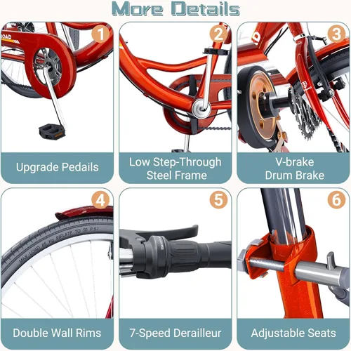 Vista 6 de Triciclo de 7 velocidades para adultos, triciclo Cruiser de 24 pulgadas con cesta grande para mujeres, hombres y personas mayores, bicicleta de 3