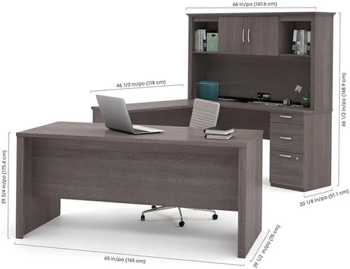 Vista 3 de Atlin Designs Escritorio moderno para computadora en forma de U de madera con gabinete, acabado gris corteza, superficie resistente a los arañazos