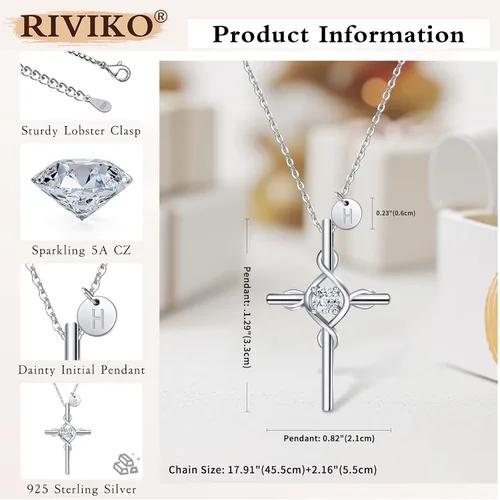 Vista 5 de RIVIKO Collar con dije de cruz con inicial para mujeres y niñas, plata de ley 925, delicados collares de letras, nombre del alfabeto, joyería