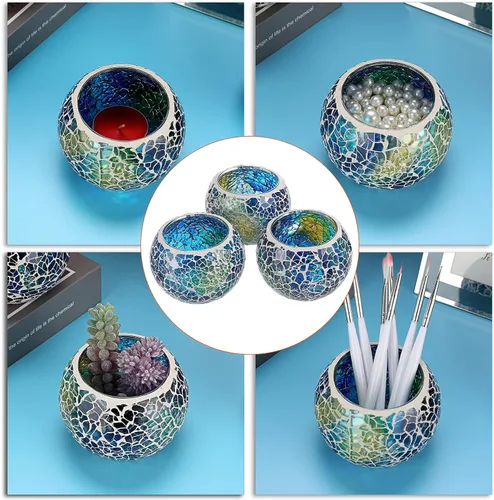 Vista 5 de OwnMy Juego de 3 portavelas de té de vidrio de mosaico azul, cuenco redondo, portavelas votivas, candelabros de mosaico de vidrio, candelitas
