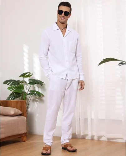 Vista 5 de EndoraDore Men's Outfits Linen Button Down Long Sleeve Shirt And Casual Beach Drawstring Waist Pants 2 Piece Set