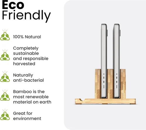 Vista 6 de Kothar Soporte vertical de madera prémium para laptop, soporte de bambú ajustable de doble ranura para MacBook, Dell, HP y más Organizador