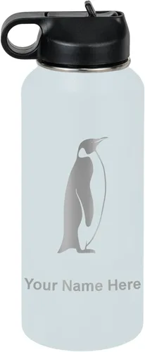 Vista 13 de LaserGram Botella de agua personalizada, pingüino, acero inoxidable de doble pared aislada al vacío con popote superior, regalo grabado