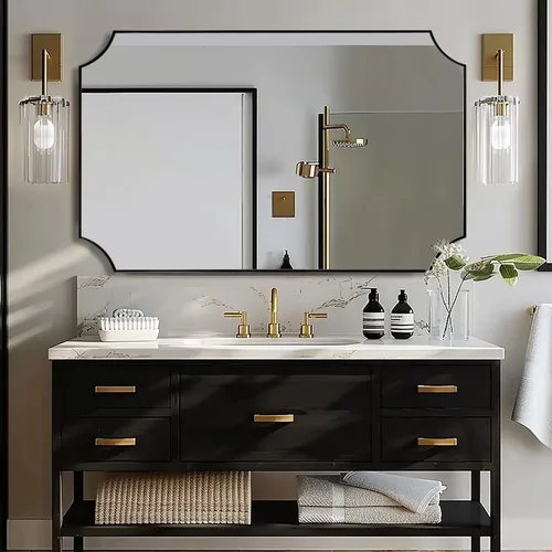 Vista 47 de ANDY STAR Espejo de baño de bronce cepillado, espejo festoneado de 24 x 36 pulgadas para baño, espejo rectangular de bronce antiguo con marco