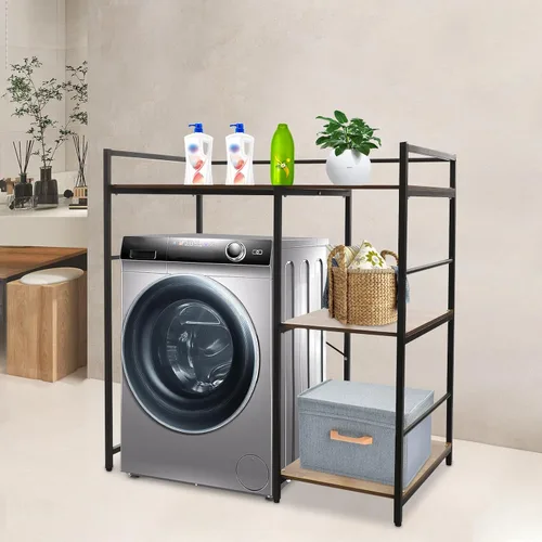 Vista 4 de Soporte apilable para lavadora y secadora con estante de almacenamiento, estantes resistentes para lavadora y secadora para lavandería Negro