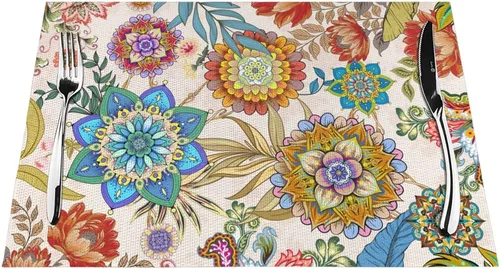 Vista 2 de Juego de 4 manteles individuales florales bohemios de lino de 12 x 18 pulgadas, manteles individuales de flores coloridas para cocina, mesa