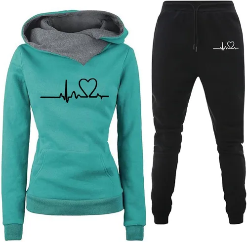 Vista 3 de Stessotudo Conjunto de pantalón para mujer, conjunto de dos piezas con estampado de corazón, lindo conjunto a juego de manga larga con capucha