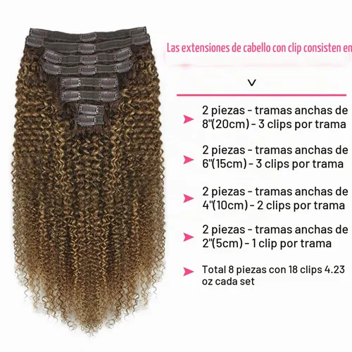 Vista 2 de Extensiones de cabello humano real rizado con clip, 4/27/4, ombré, rizado con clip, para mujer, 3C y 4A (12 pulgadas, #4/27/4)
