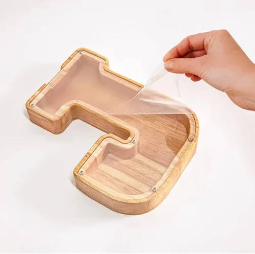 Vista 3 de Alcancía de 26 letras del alfabeto inglés A-Z, alcancía de madera transparente de gran capacidad, caja de ahorro de monedas personalizada