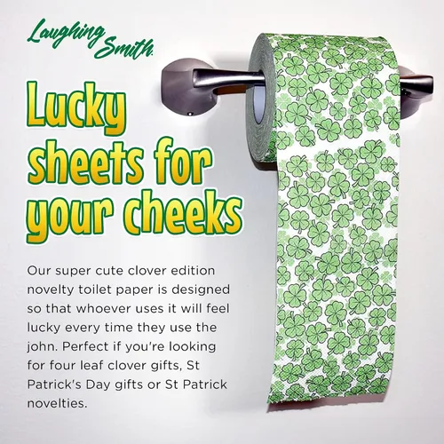 Vista 4 de Laughing Smith Papel higiénico novedoso – Lucky Roll de papel higiénico de trébol de cuatro hojas, regalo divertido del día de San Patricio