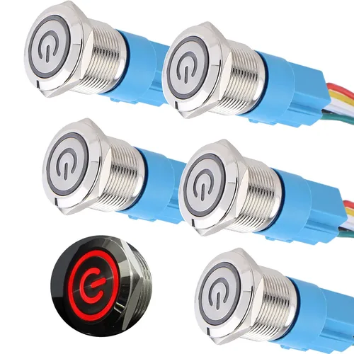 Vista 9 de 5 piezas de interruptor de botón de presión de cierre de metal de 16 mm impermeable, carcasa plateada, 12V-24V, 1NO 1NC, encendido/apagado