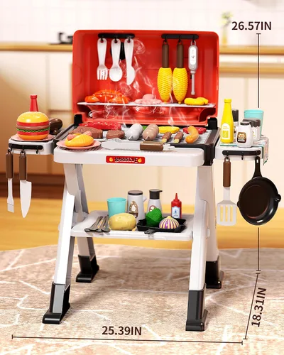 Vista 6 de 60 piezas Parrilla de Barbacoa para Niños con Sonido de Humo y Luz, Set de Juego de Cocina para Niños de 4 a 8 Años, Juguetes de Cocina de Barbacoa