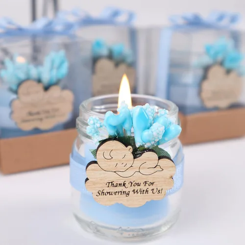 Vista 3 de HTF - Paquete de 5 velas en tarro de cristal, hechas a mano, recuerdos de fiesta de baby shower para niños, velas de vidrio para decoración de baby