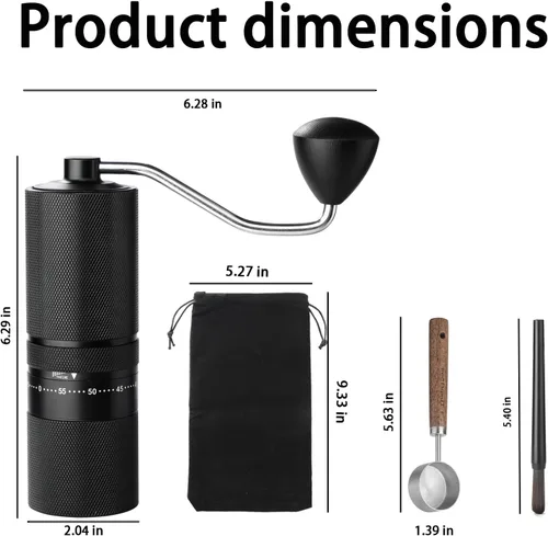 Vista 2 de Molinillo de café manual con rebabas de acero inoxidable, molinillo de café de mano, ajuste de molienda ajustable externo para expreso, prensa Negro