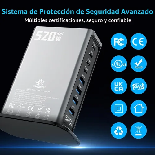 Vista 7 de Estación de carga USB-C de 520 W y 8 puertos - 4 x 100 W PD + 4 × 30 W Fast charger block for laptop, phone, tablet. 4 USB-C PD ports and 4 USB-A