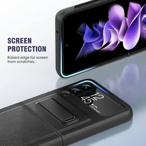 Vista 8 de Caka Compatible para Galaxy Z Flip 3 5G con soporte de patas, Funda para Z Flip 3 con protector de cámara, protección de bisagras y carga Negro