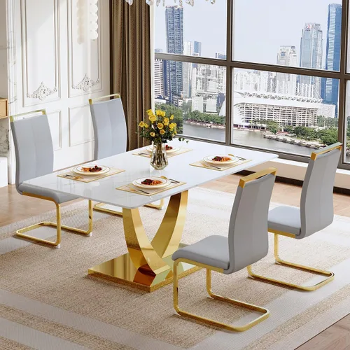 Vista 13 de Juego de mesa de comedor para 4, mesa de comedor de mármol sintético de 63 pulgadas con patas y base de acero inoxidable, sillas acolchadas