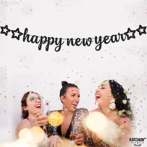 Vista 8 de KatchOn, Cartel de feliz año nuevo con purpurina negra – 10 pies, sin bricolaje Cartel negro de feliz año nuevo Suministros para fiesta de Año