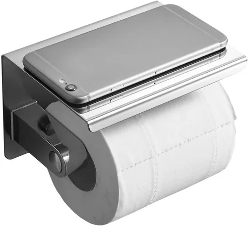 Vista 13 de Soporte de papel higiénico de un solo rollo con estante para teléfono, dispensador de pañuelos de acero inoxidable montado en la pared para baño